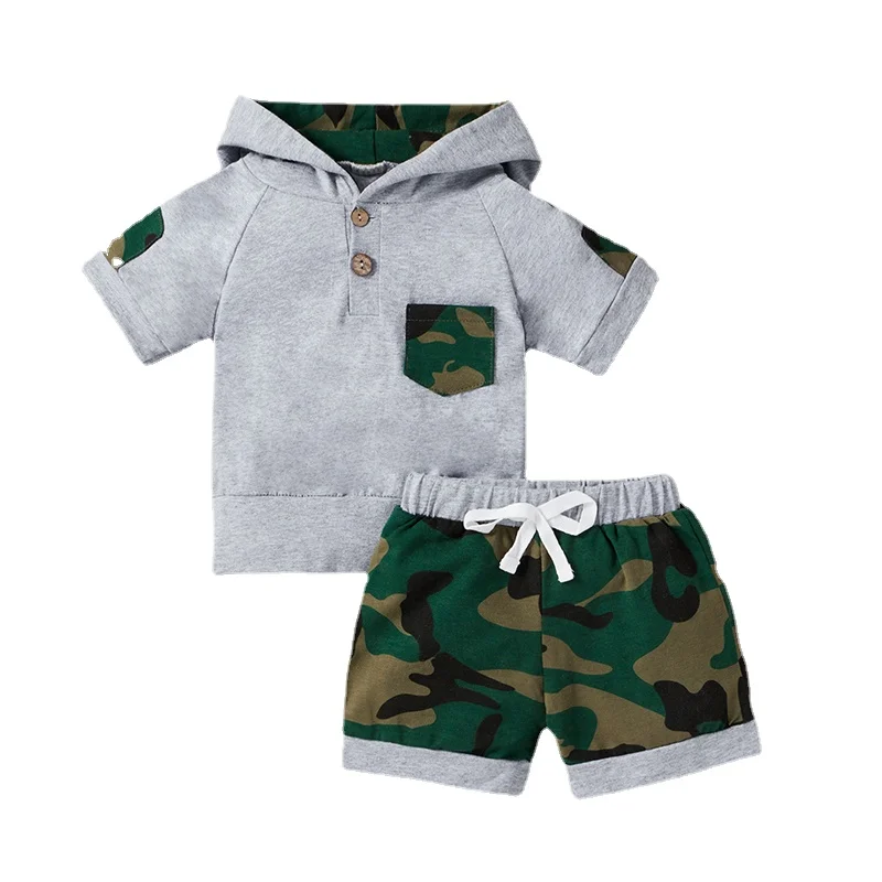 

Baby Boy Clothing Summer Newborn Outfits Toddler Camo Patchment Pocket Short Sleeve Hoodie Tops Shorts Casual Clothes 0-18M
