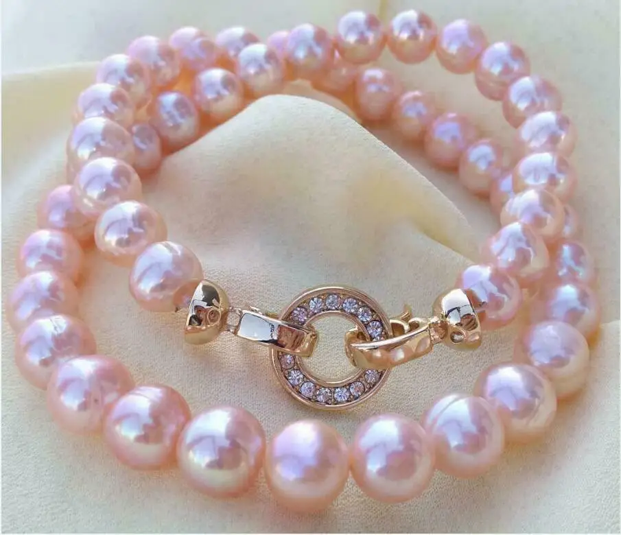 

Charming Genuine18" AAA 9-10Mm Natural South Sea Pink Pearl Necklace Round Clasp