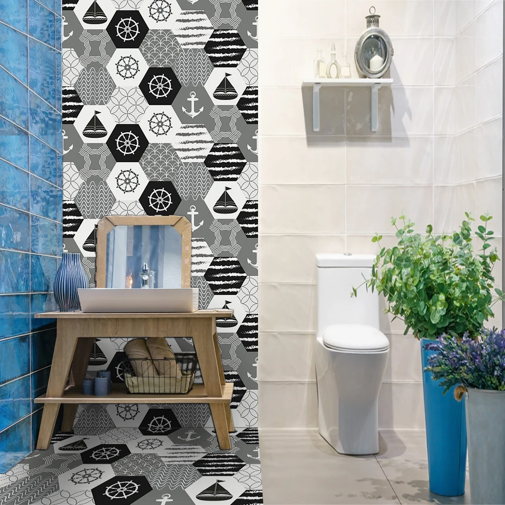 

10pcs Gray Hexagon Tiles Floor Wall Stickers Kitchen Bathroom TV Sofa Wall Peel & Stick Twill Surface Waterproof Art Wall Decals