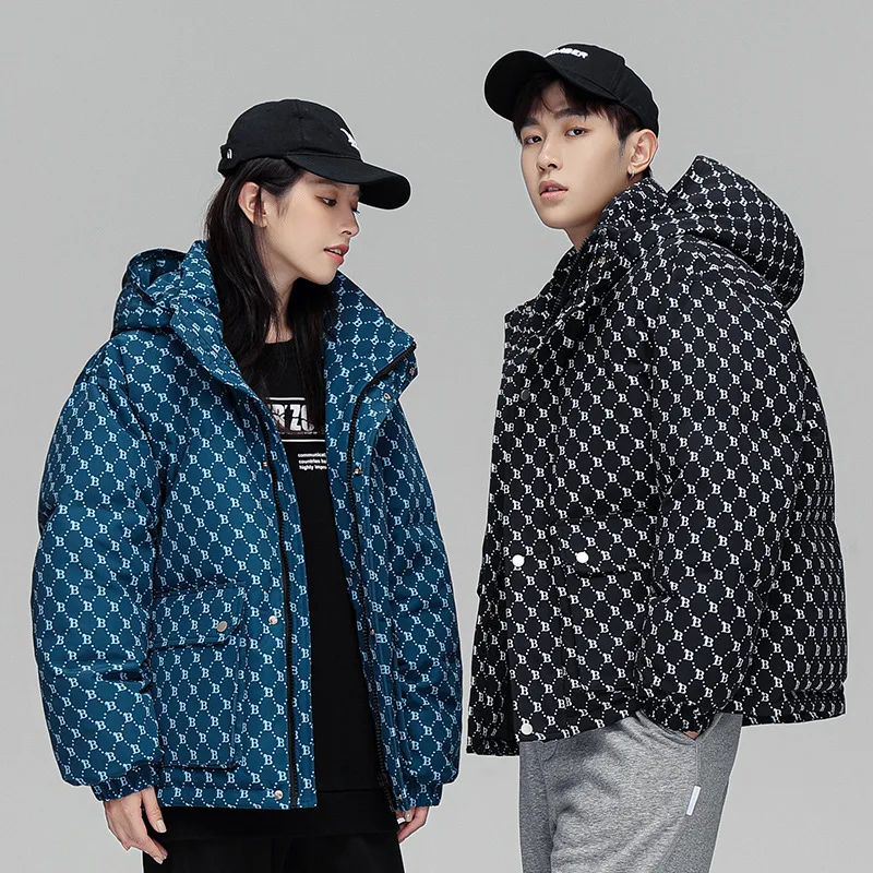 White eiderdown down jacket for lovers men's and women's short winter new Korean style youth fashion thickened hooded coat