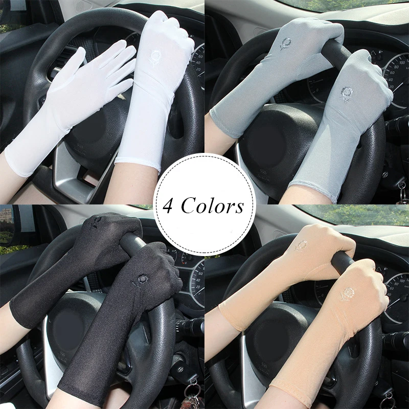 

1pairEmbroidered Flower Five Fingers Mittens Stretch Anti UV Driving Gloves Solid Color Thin Elastic Etiquette Gloves Pure Color
