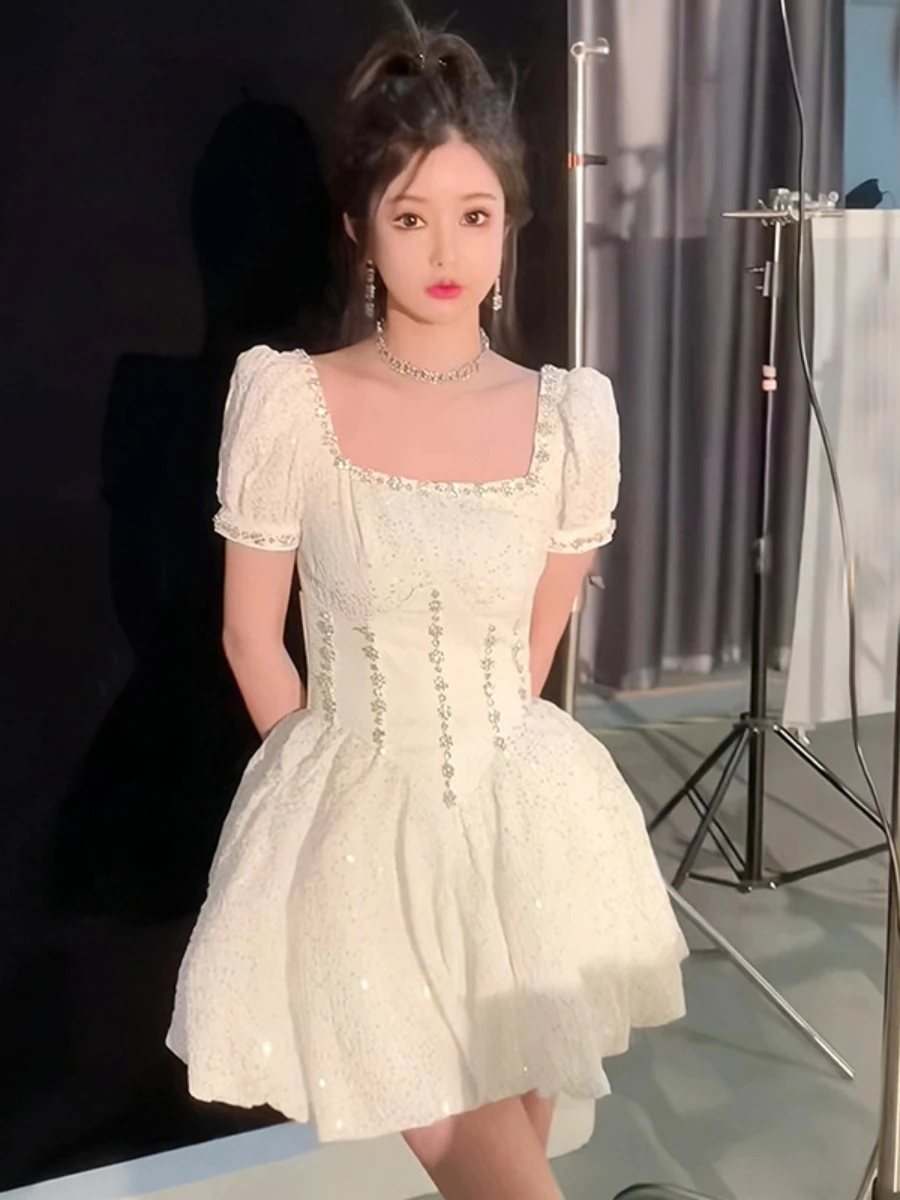

French Heavy Sequins Diamond Party Evening Dress for Women 2022 New Summer White Puff Short Sleeve Square Collar Bubble Dress