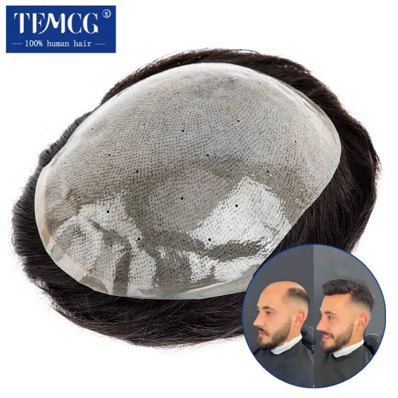 Thin Skin Base Male Hair Prosthesis 100% Human Hair Replacement Mens Toupee Breathable Men Toupee Biological Scalp Hairpiece