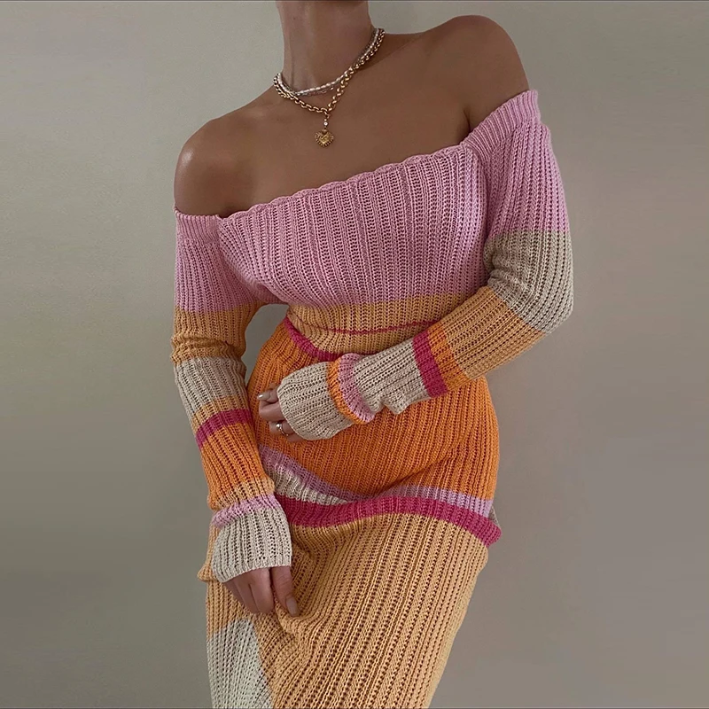 

Y2K Vintage Striped Knitted Long Dress Leisure Style Off Shoulder Long Sleeve Bodycon Dress Chic Women Crochet Clothes