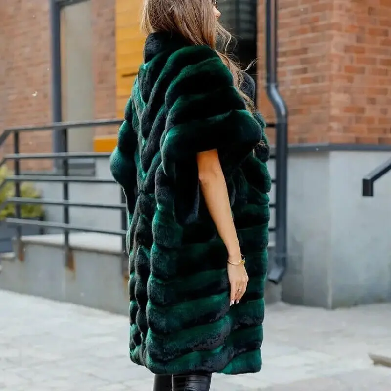 Fashion Women's Real Chinchilla Rex Rabbit Fur Coats Luxury Elegant Winter Warm Jackets Green Natural Thick Overcoat