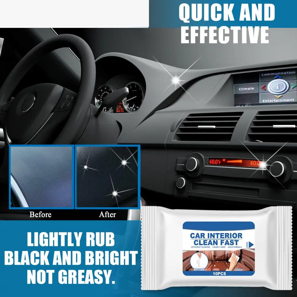 

10Pcs/Bag Car Cleaner Wipe Moisture Sealing Design Portable Car Interior Cleaner Wipes Sheets for Vehicle