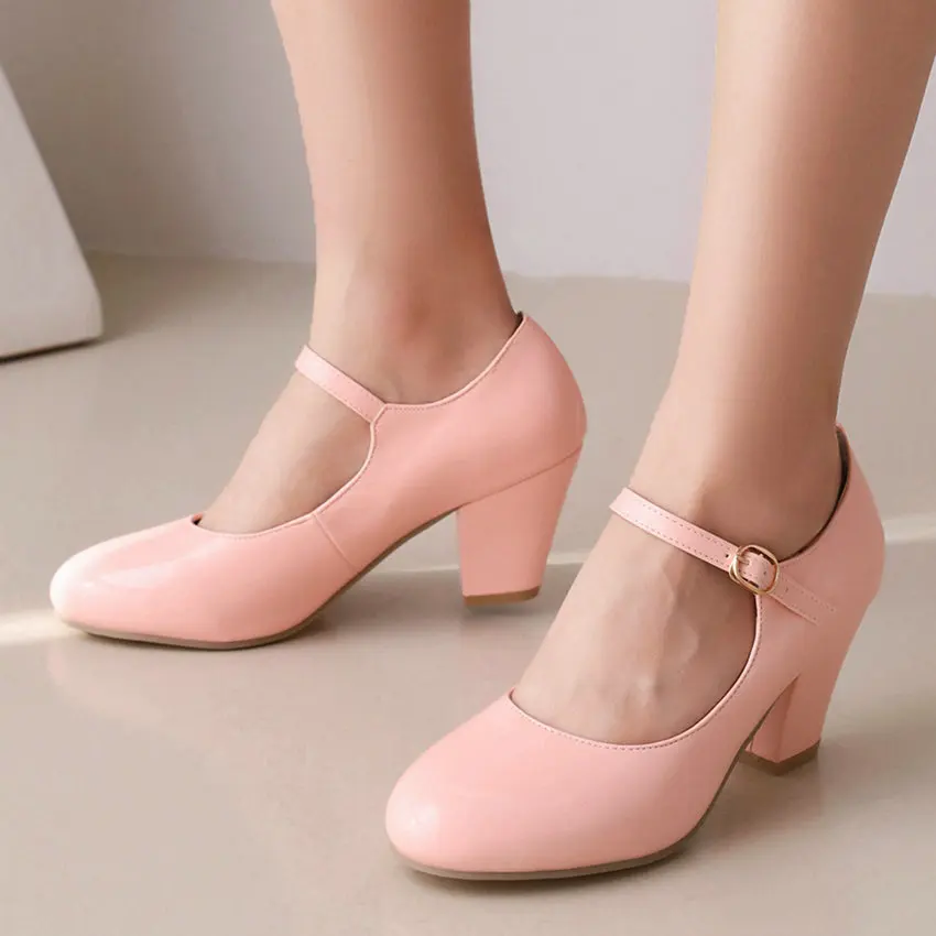 Eokkar Patent Leather Mary Janes Shoes High Heels Women Chunky Block Heel Pumps Buckle Closed Toe Square Toe Pumps Plush Size