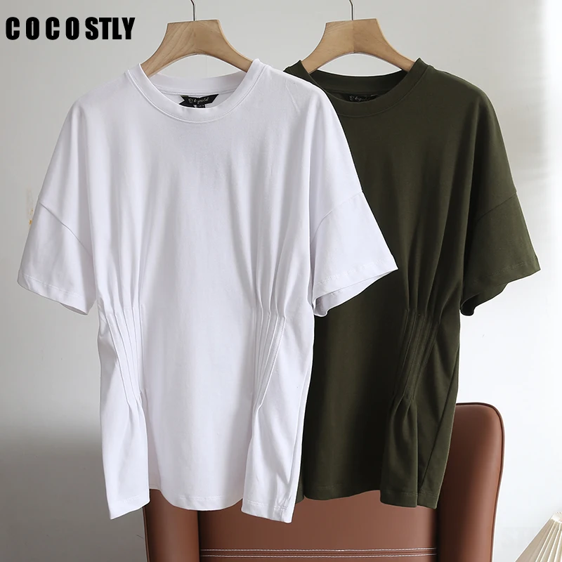 

2023 женская летняя модная футболка с коротким рукавом и круглым вырезом, приталенные шикарные плиссированные Простые повседневные топы, женская одежда, футболки для женщин