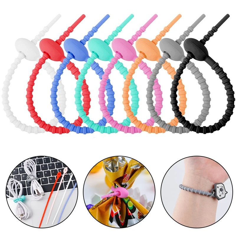 

6pcs Reusable Cable Ties Silicone Zip Tie Kitchen Storage Food Bag Clip Home Office Cable Strap Wire Tie Organizer Sealing Rope