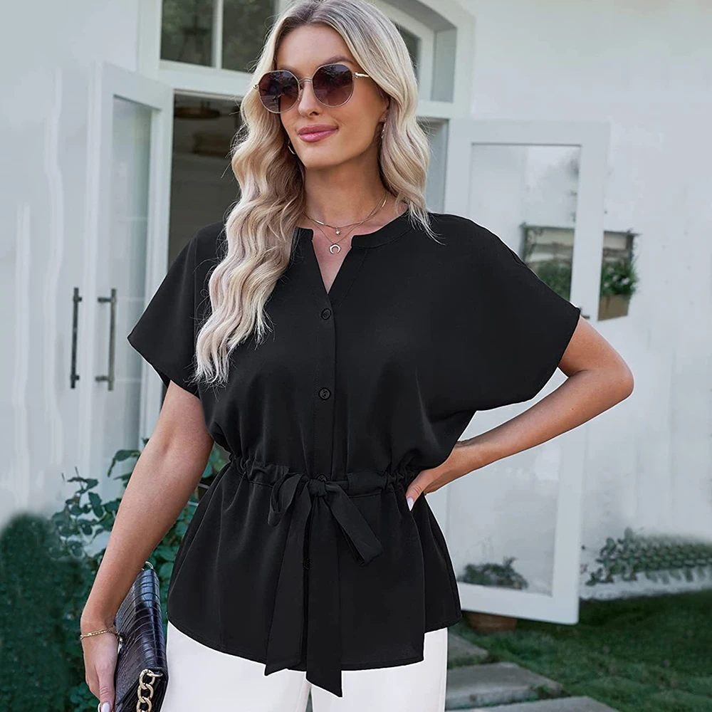 

SPRING SEAON Women‘s Short Sleeves Button Down Blouses Casual Peplum Summer Tunic Tops Dressy Chiffon Work Shirts