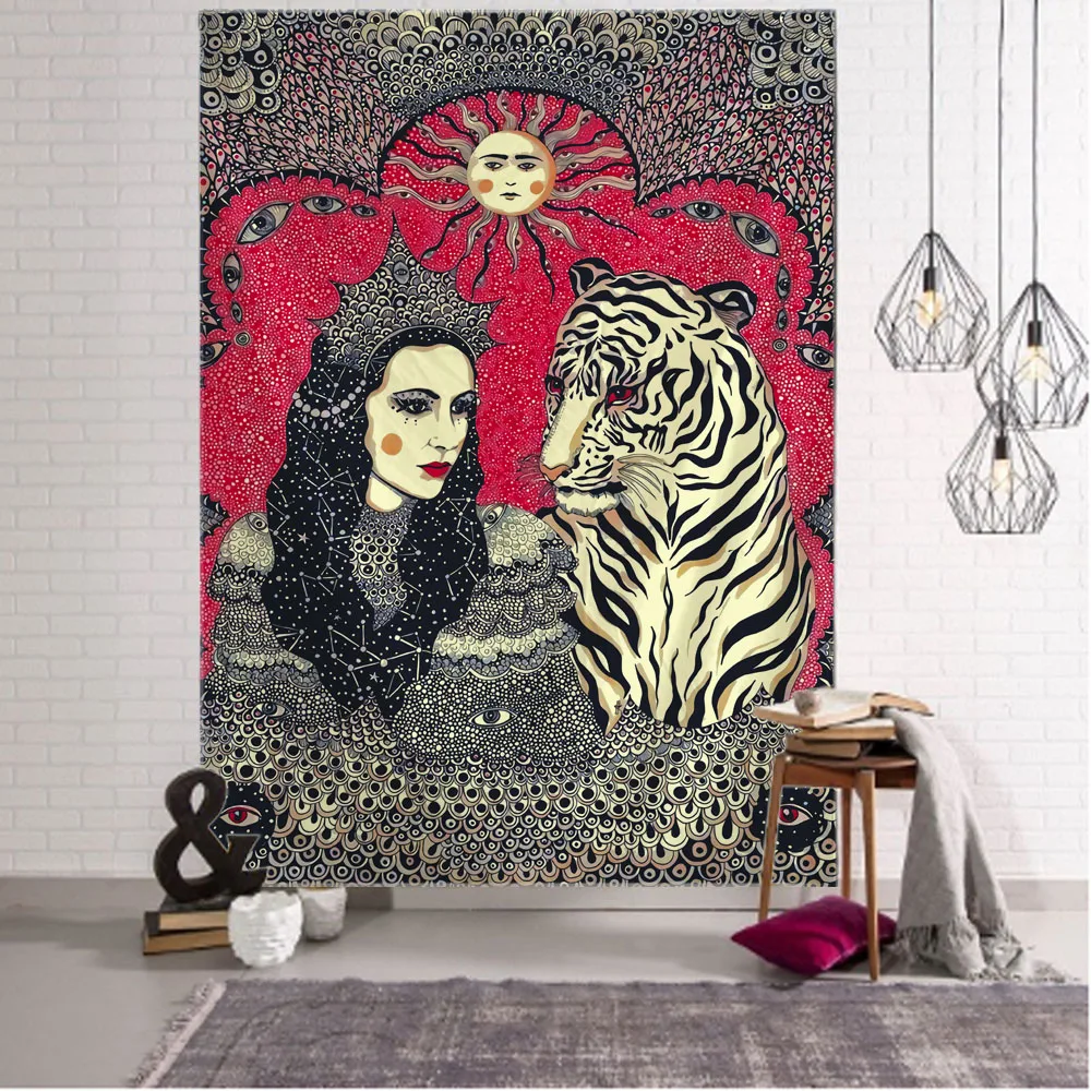 

Psychedelic girl tapestry plant flower wall hanging sun moon hippie eye tapestry bedroom decoration home wall decoration