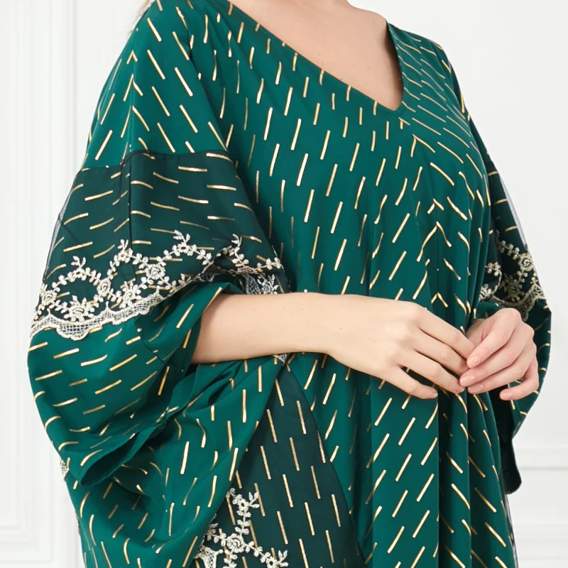 Clothes for Muslim Women 2023 Summer Muslim Women Fashion Long Sleeve V-neck Green Polyester Printing Long Abaya Muslim Dress