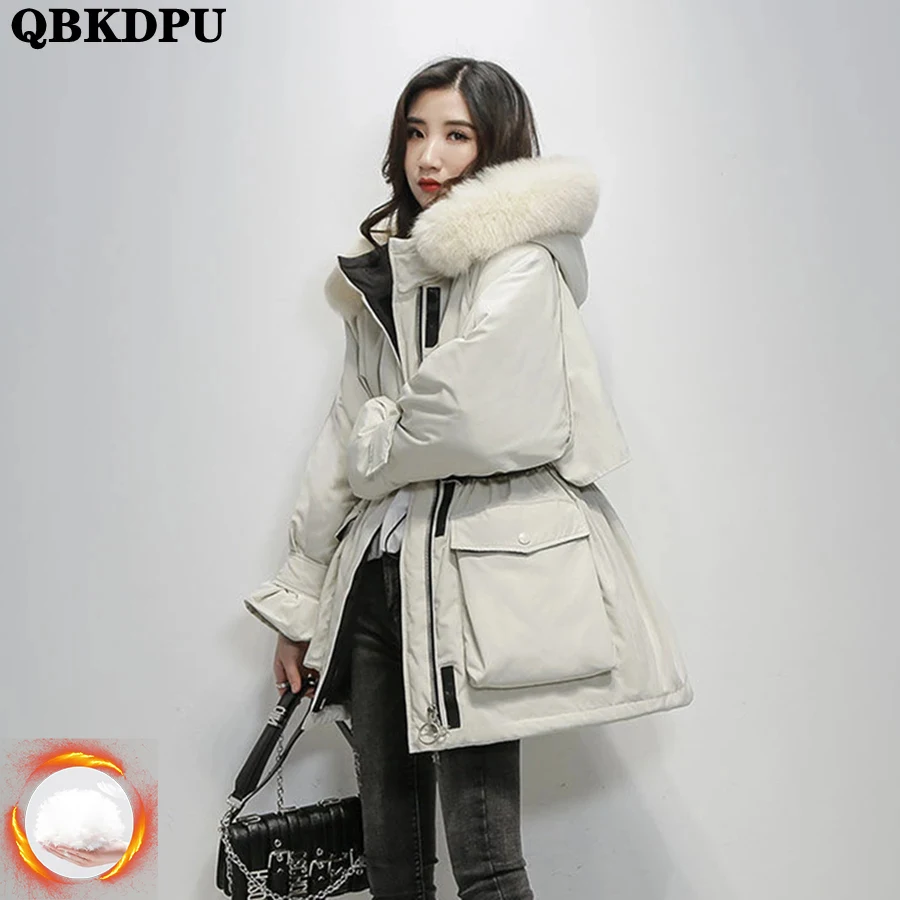 Winter Hooded Fur Collar Cotton Padded Parka Women Loose Mid-length Coat Thicken Overcoat Warm Snow Jacket Windbreaker Outwear