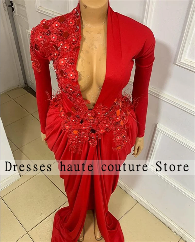 

Aso Ebi Red Appliques Mermaid Evening Gowns 2022 For Black Girls Birthday Party Dresses Long Sleeve African Prom DressAso Ebi Re