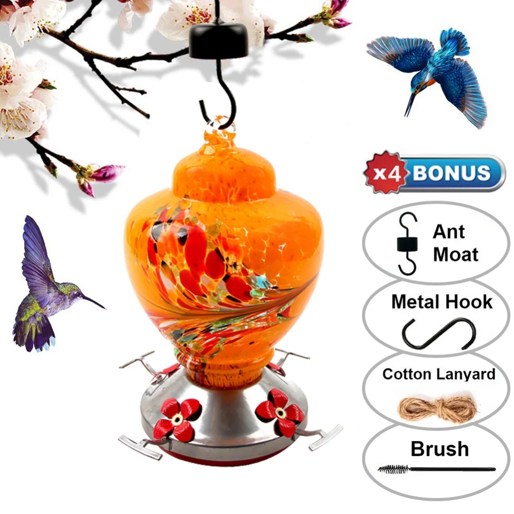 Hummingbird Feeder Painted Glass Flower Hummingbird Water Feeder Food Container For Garden Outdoors Patio