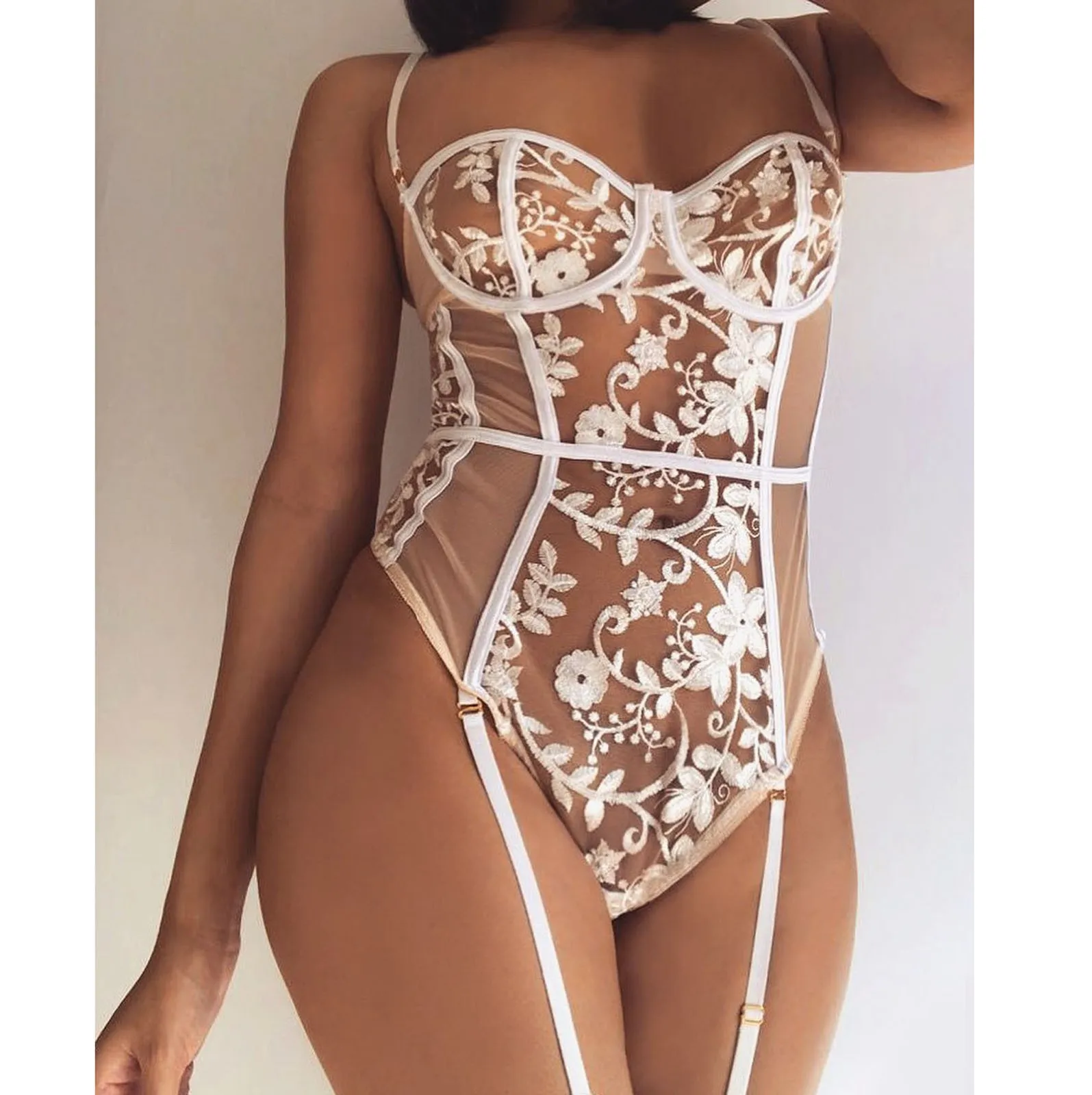 

Lace Bodysuit Women's Sexy Embroidered Lace-up Deep V-neck Tight Body Erotic Mesh Teddy Sexy See-through Lace Bodysuit