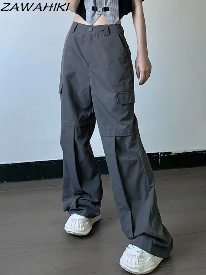 

Gray Casual Chic Pockets Drawstring Cargos Pants Women Streetwear Joggers Loose Fashion Trousers Vintage Solid Y2K Baggy Pants