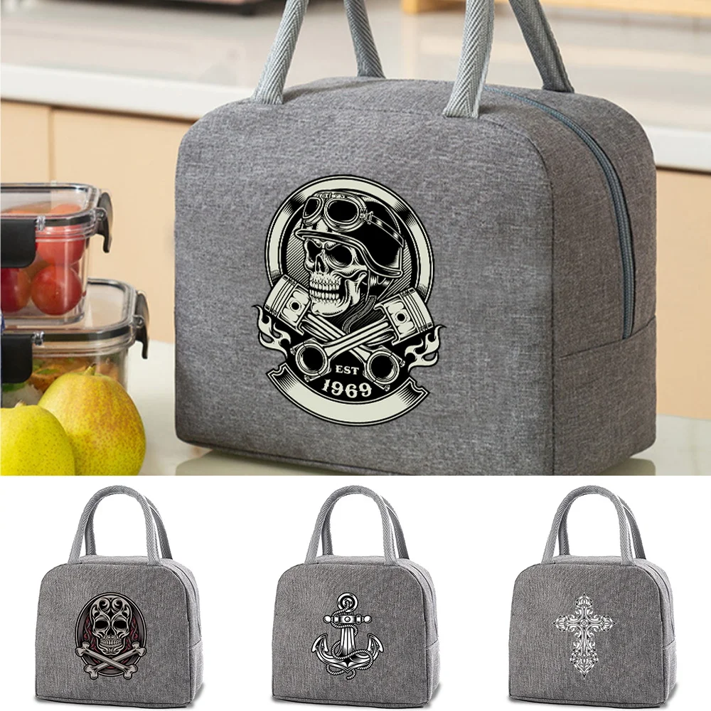

Portable Lunch Bag Thermal Insulated Lunch Box Tote Cooler Handbag Bento Pouch Skull Print Dinner Container Food Storage Bags
