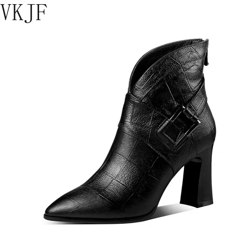 

Женские короткие кожаные ботинки, сезон осень-зима 2020, женские кожаные ботинки на высоком каблуке с V-образным вырезом