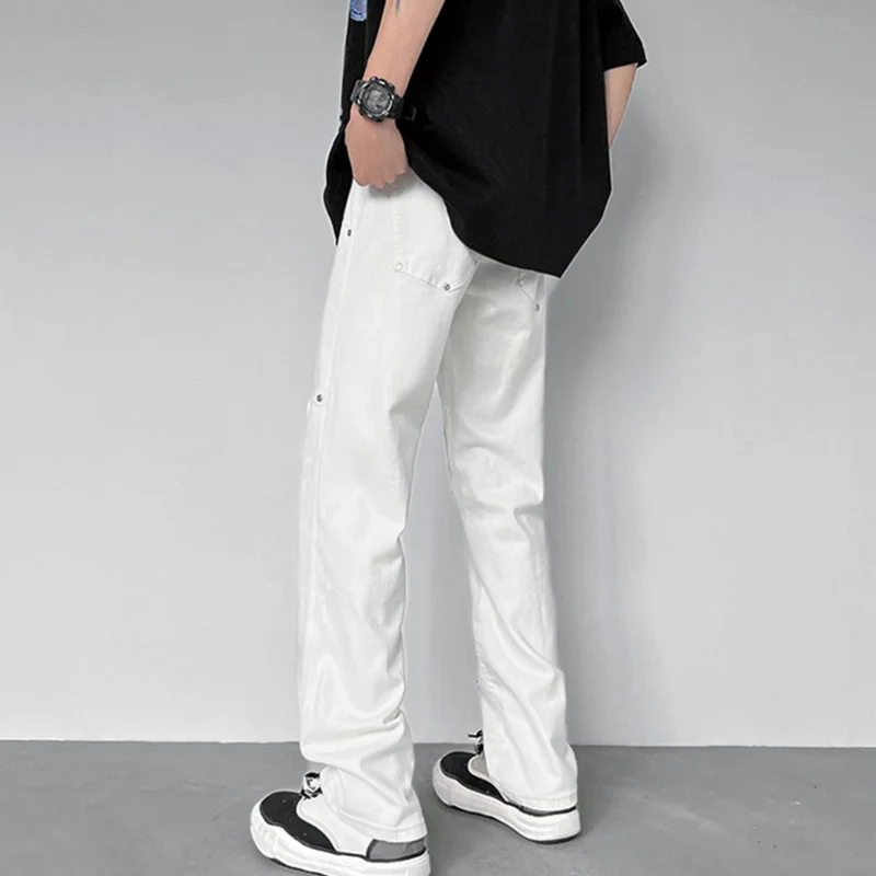 Streetwear Men Recreational Vintage Rivet White Jeans 2022 Fashion New Versatile Loose Straight Cylinder Trousers Autumn Female