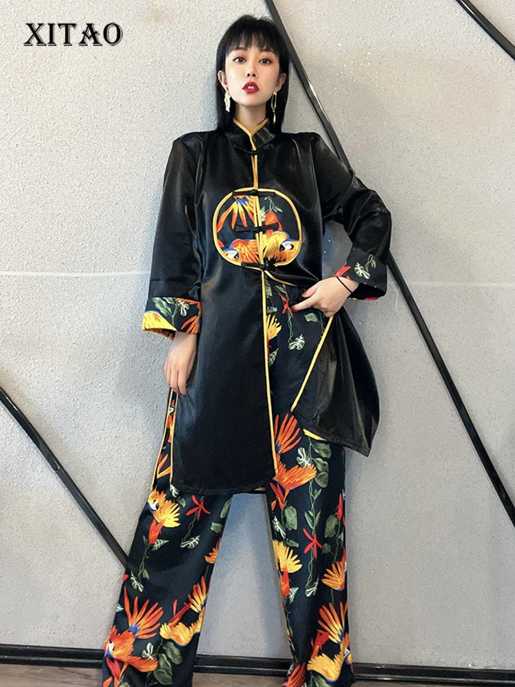 

XITAO Retro Two Piece Set Women Embroidery Single Breast Full Sleeve Top Elastic Waist Full Length Pants Minority WLD6800