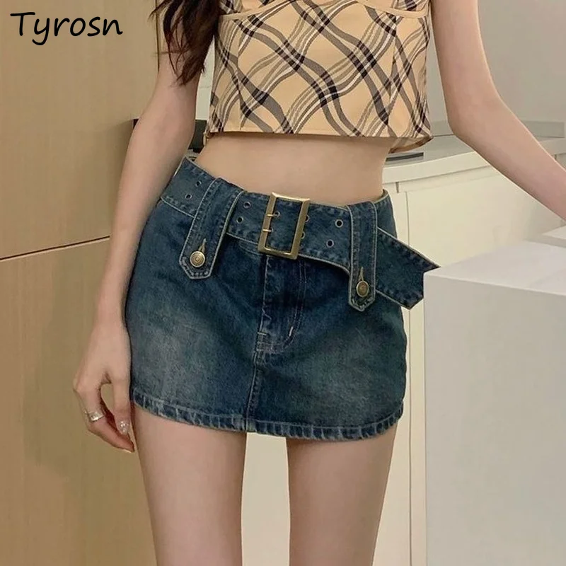 

Denim Skirts Women Mini Sexy Personality Streetwear Summer Sashes Design Pure Hot Girls All-match Daily Retro Korean Style New