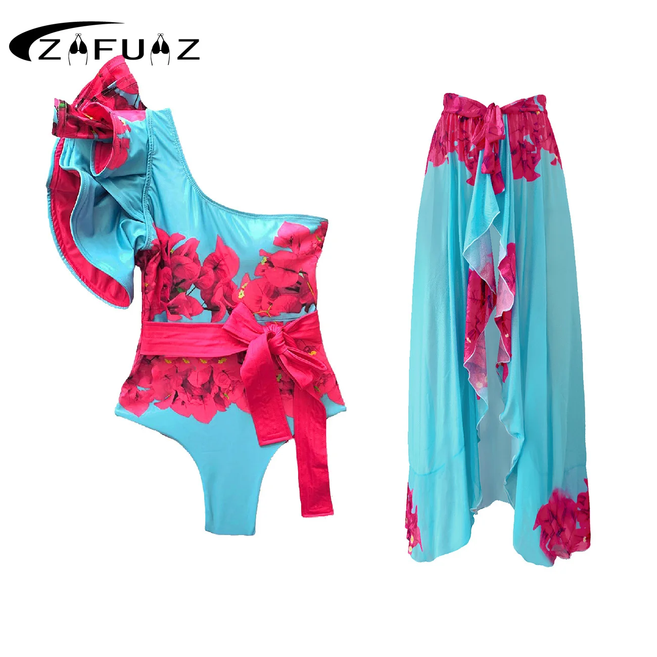 

Sexy Swimwear Print Ruffle V-Neck Bikini Set and Cover Up High Waist One-Piece Swimsuit One-Shoulder Backless Beachwear Monokini