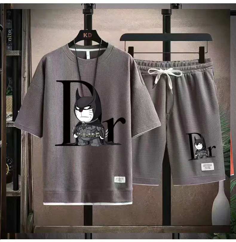 Summer new men's sets Japanese anime cat print tops short sleeve T-shirt sports shorts set breathable jogging beach men clothing
