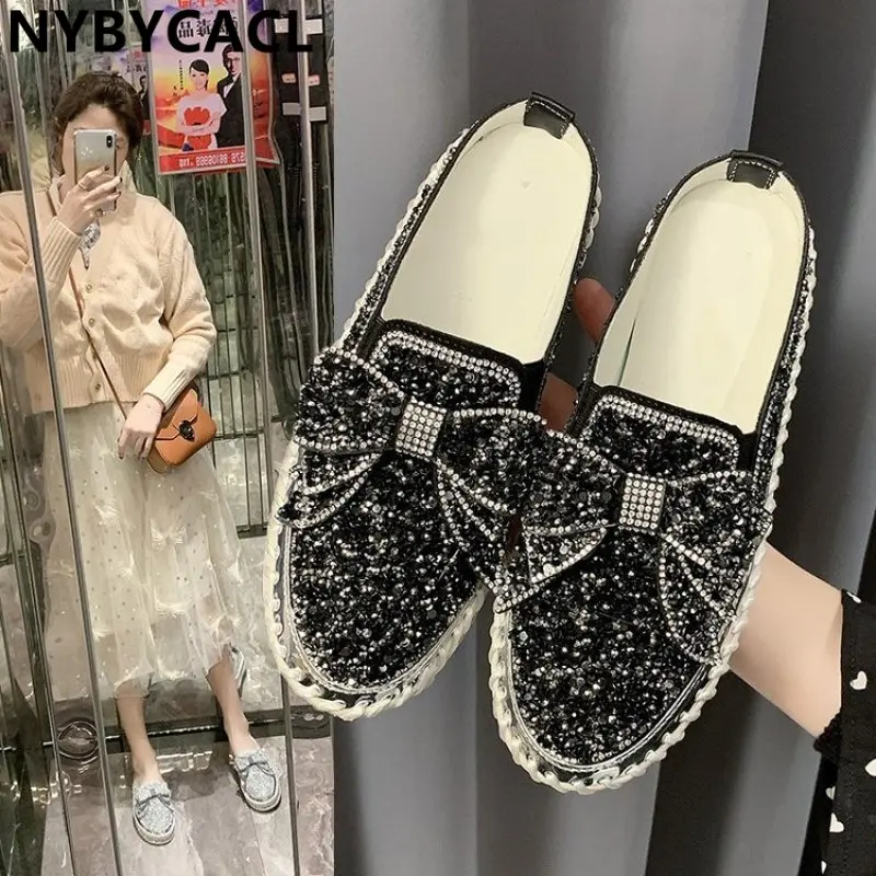 

Bling Butterfly-knot Platform Slippers Women Summer Beach Shoes Chunky Heel Bottom Shiny Flip Flops Crystals Slides Fashion New