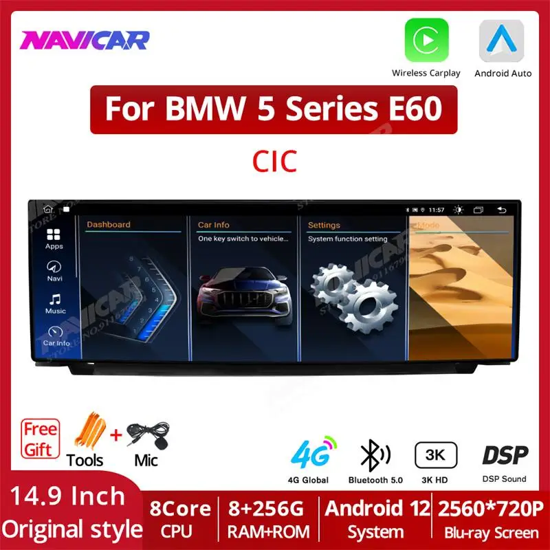 NAVICAR 14 9 дюймов GPS 1560*720P Android 12 автомобильное радио для BMW 5 серии E60 CCC 2006-2010 Carplay