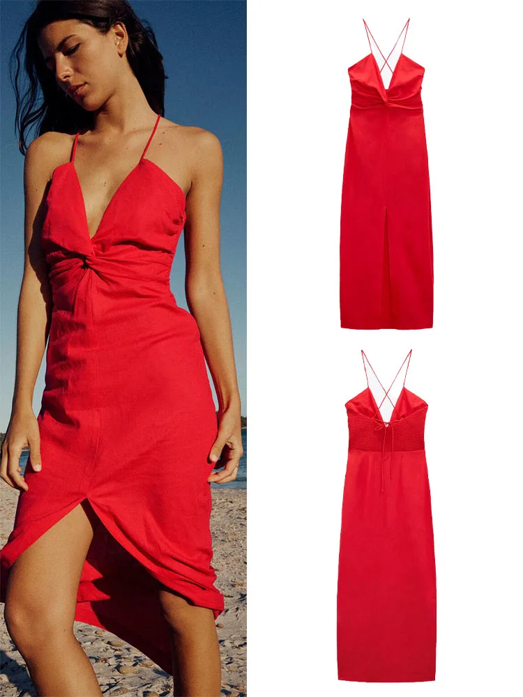 

2023 summer new women's casual fashion red sexy backless V-neck suspender skirt slit linen blended knotted mid-length dress