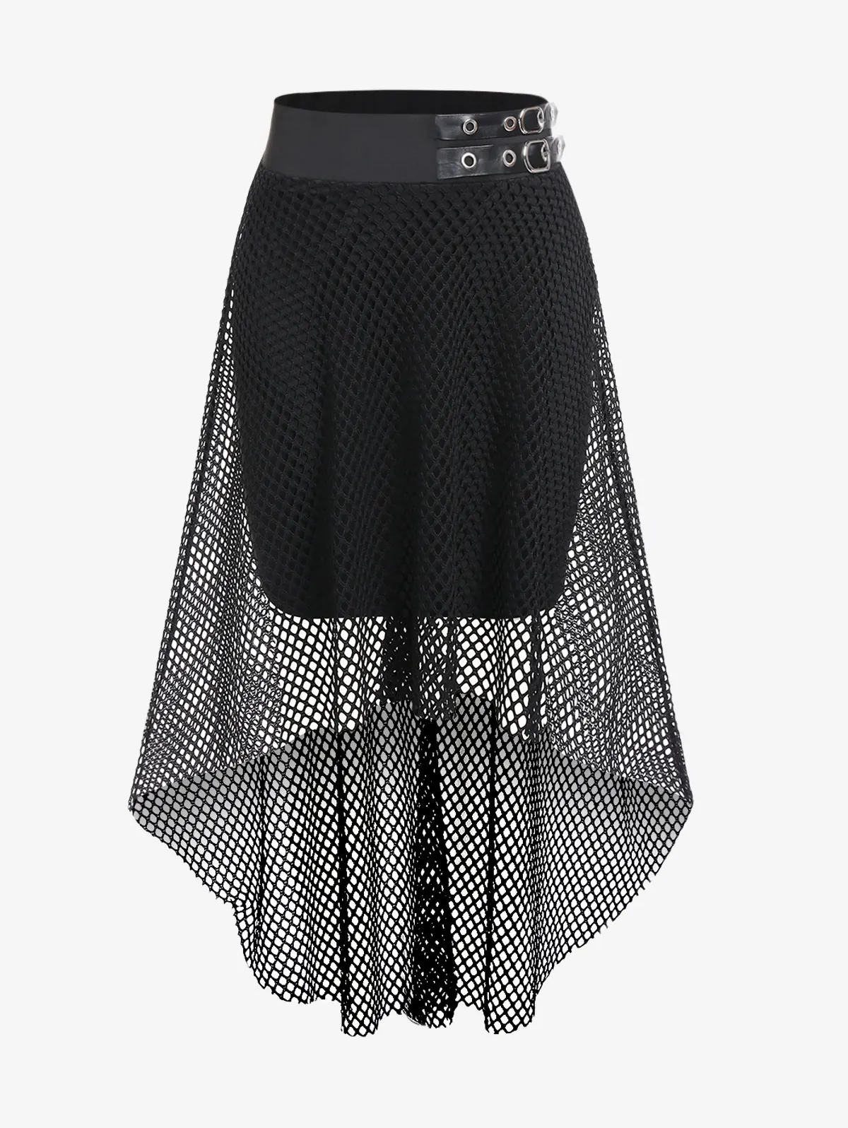 

ROSEGAL Plus Size Gothic Fishnet Overlay Grommets Buckle High Low Skirt Ladies Streetwear Bottoms Black Elastic Waist Midi Skirt