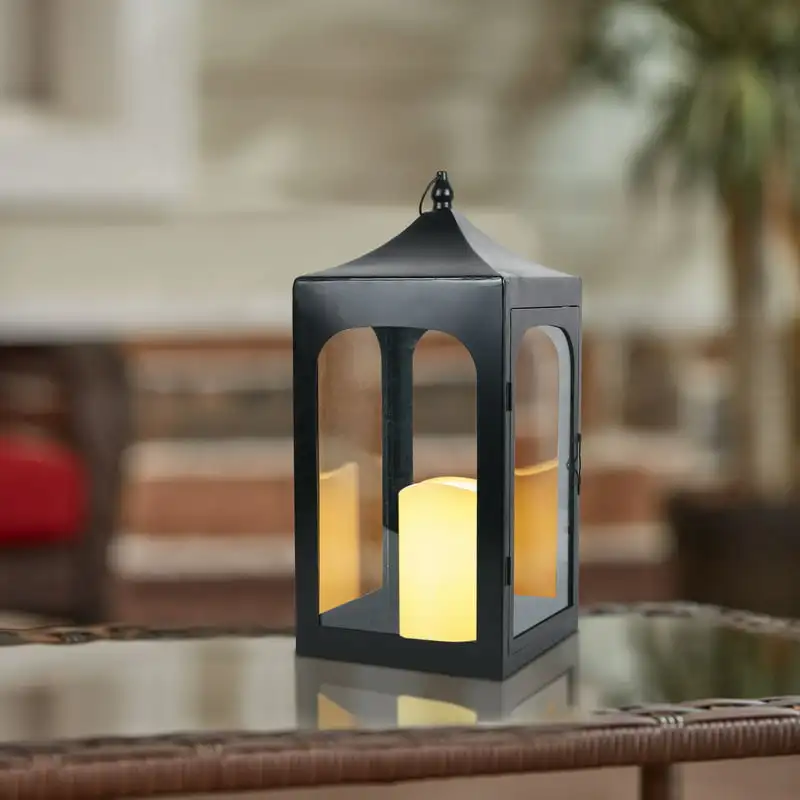 

Black Metal Battery Operated Outdoor Lantern with Removable LED Candle 12inH