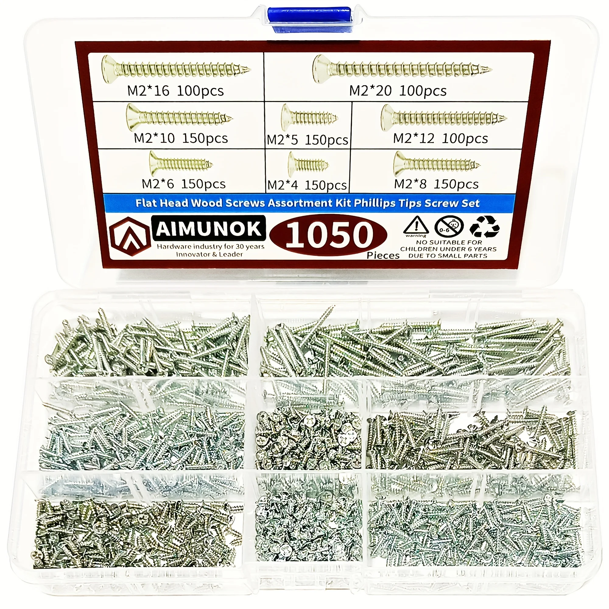 

1050pcs Wood Screws Assortment Kit, Phillips Tips Wood Screws Set, Screws, Flat Head Assorted Screws M2 x 4/5/6/8/10/12/16/20 Ca