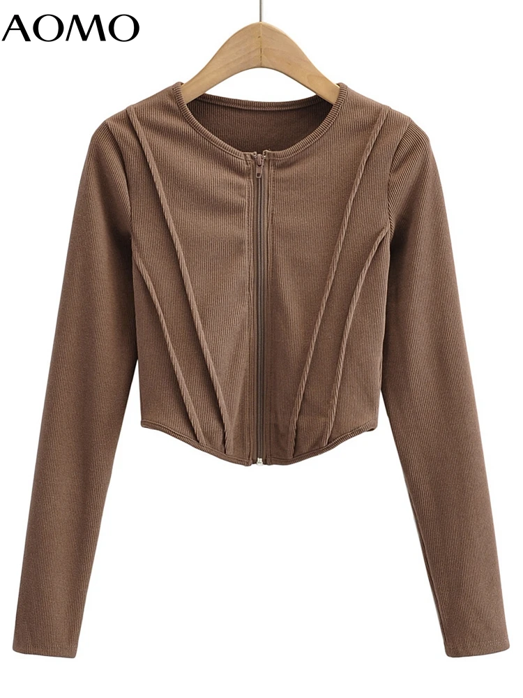 

Женская винтажная плиссированная укороченная футболка AOMO на молнии, футболки с длинным рукавом и круглым вырезом, Женская Повседневная фут...