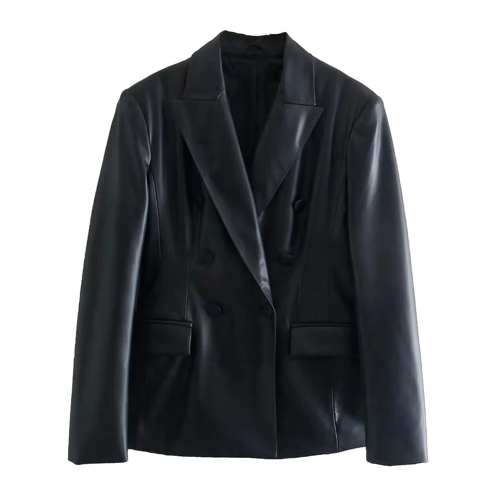 

Women's New Faux Leather Double Breasted Suit Jacket Slim Fit Classic Style Pockets Temperament Female Chic Vintage Blazer Mujer