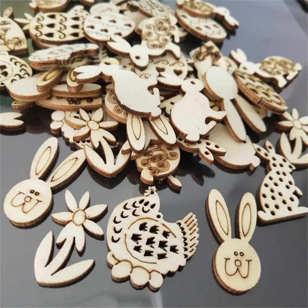

50pcs Happy Easter Rabbit Eggs Wooden Craft Easter Decorations Home Party DIY Wood Chips Hanging Ornaments Natural Handcraft