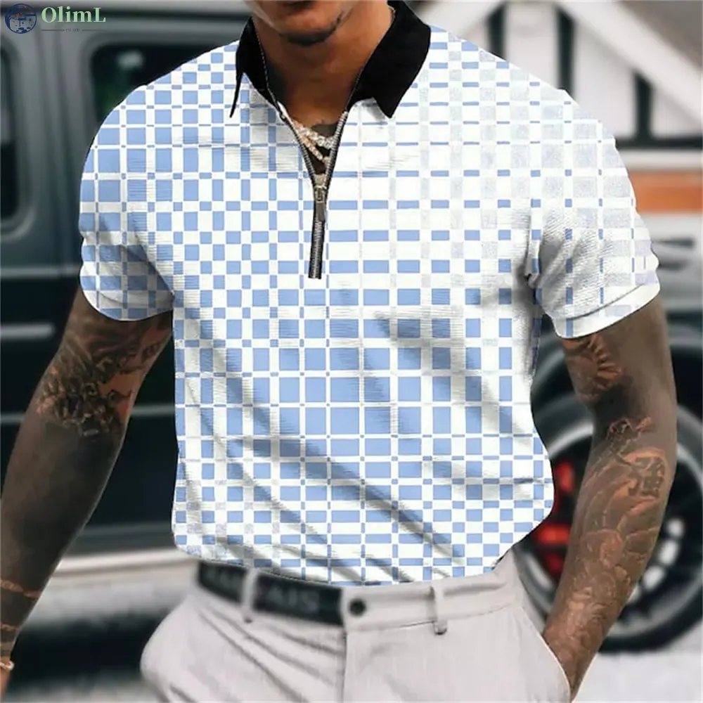 

Men T-shirt Zip Polo Lapel Shirt Shirt Graphic Prints Geometry Turndown Street Short Sleeves Zipper 3D Print Golf Wear Tops Tee