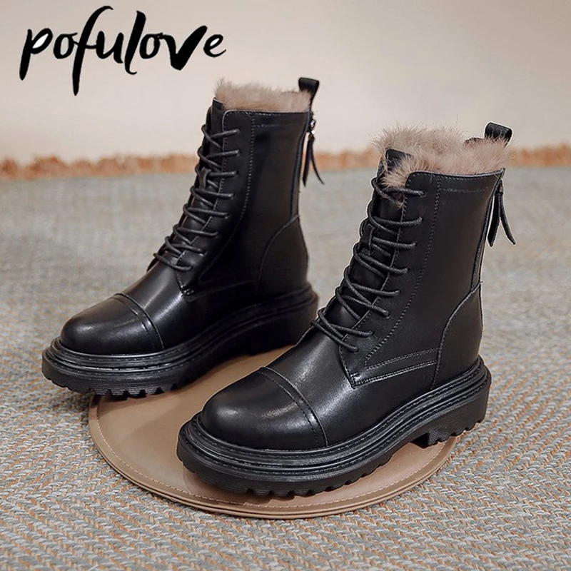 

Pofulove Natural Fur Boots for Women Winter Shoes Genuine Leather Boots Black Ankle Booties Platform Chunky Boots Flat Botas