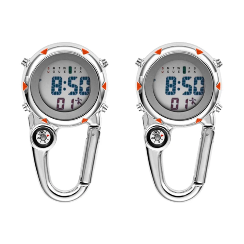 

2X Clip On Carabiner Digital Watch Luminous Sports Watches Carabiner Watch For Hikers Mountaineering Outdoor Orange