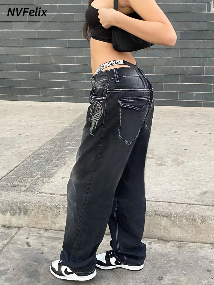 

Harajuku Printed Cargo Jeans Y2K Dark Blue Brown High Waist Streetwear 90S Baggy Trousers Women Pants Straight Wide Leg Pants