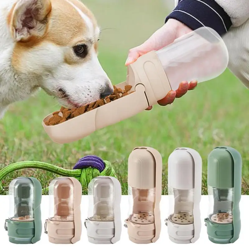 

Portable Dog Water Bottle With Food Tray Foldable Dog Drinking Cup Leak-Proof Pet Water Bottle For Travel Hiking Camping