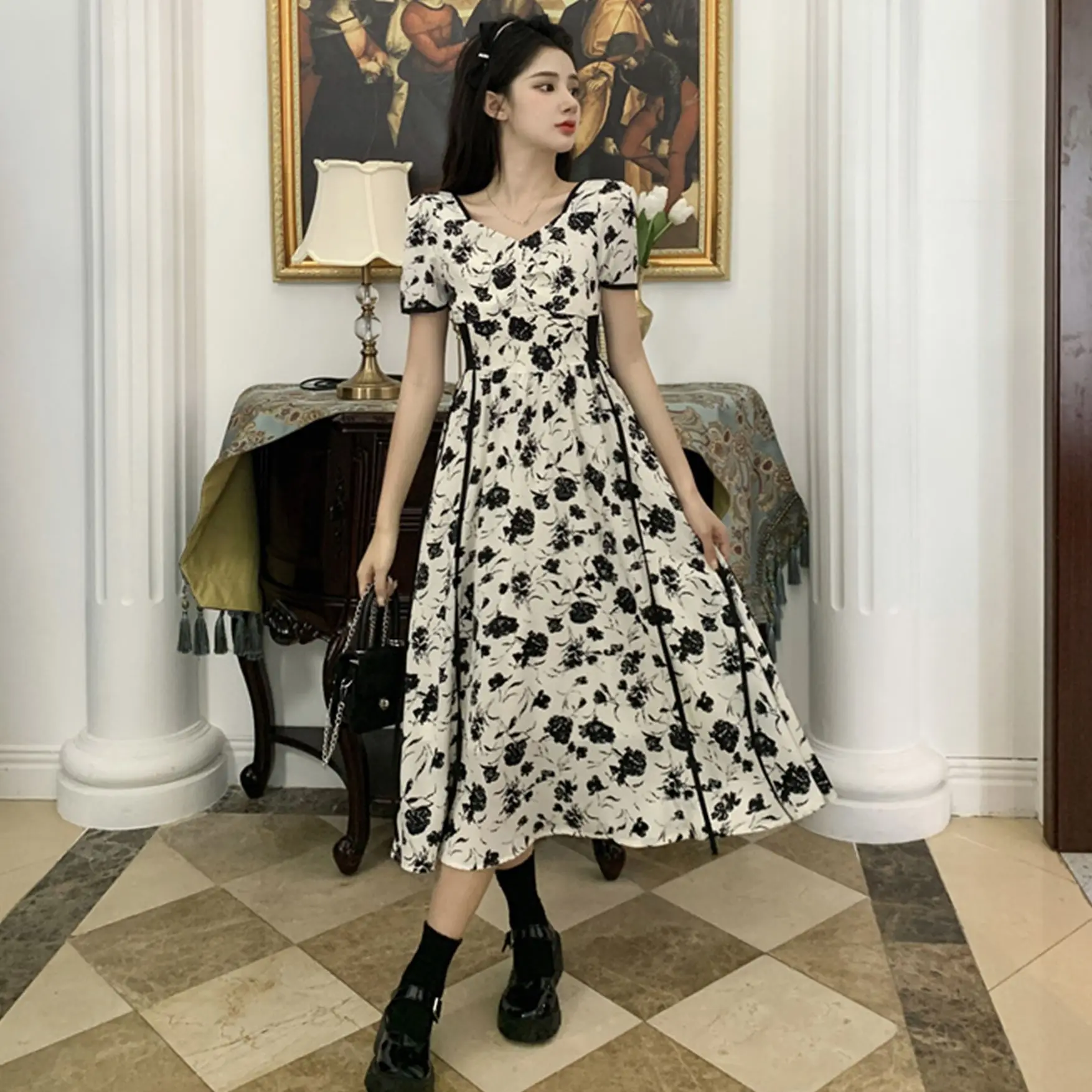 

Платье женское средней длины с коротким рукавом, приталенное Модное С полуночной розой, на завязках, с цветочным принтом, для полных сестер, ...