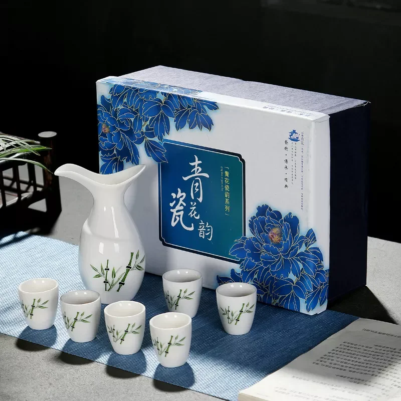 

Chinese Creative Ceramics Wine Set Suit 1 Pot 6 Cups Antique Wine Glass Liquor Ceramics Wine Separator Flagon Small Cups