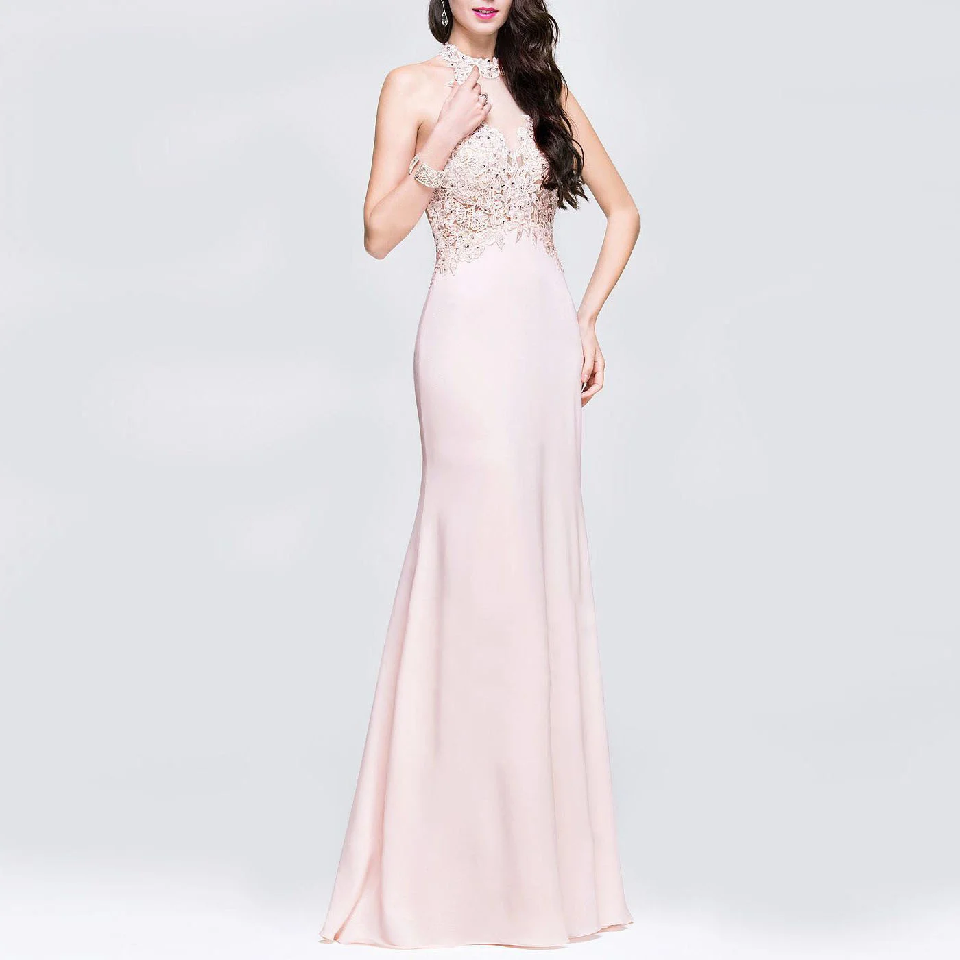 

Bride Bridesmaid Dress Sleeveless Hanging Neck Dress Lace Evening Dress Long Dress2023