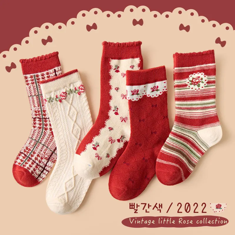 5 Pairs/Set Autumn Children Socks New Stockings Flower Drum Red Cuhk children's Private Life Cotton Socks