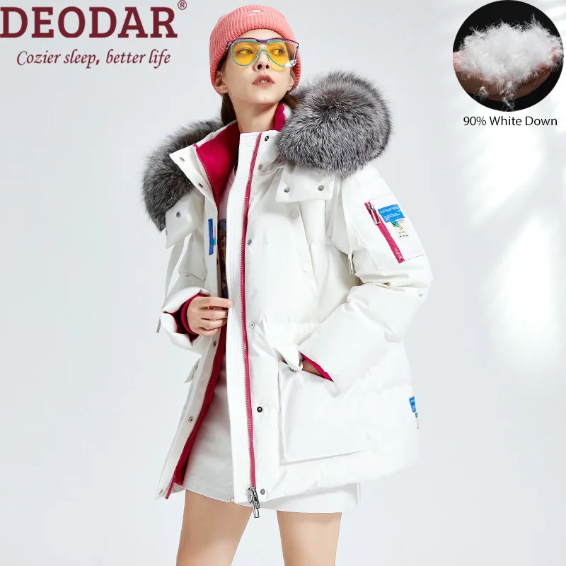DEODAR Women Deep Winter Down Jacket Fur Collar Short Hooded Coat White Duck Down Outdoor Wear Warm Windproof Lady Clothes