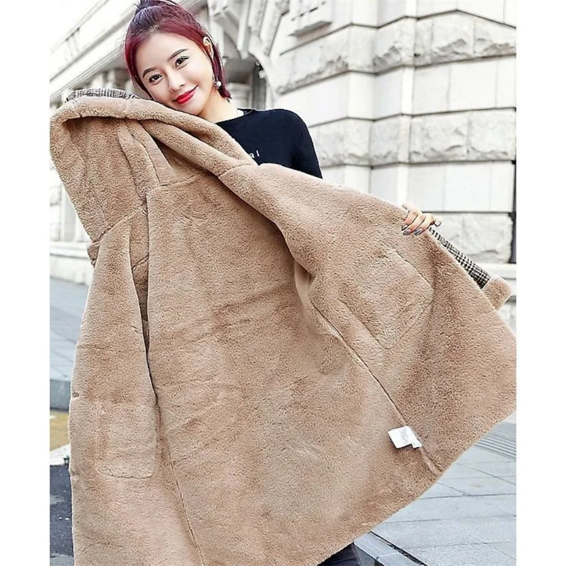 Ladies Winter Jacket Fur Coat Women's Plaid Wool Coat Thick Velvet Thickened Warm Mid-Length Jackets Hooded Warm Woolen Coat