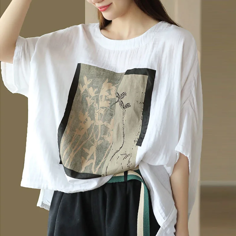 

NINI WONDERLAND 2023 New Printed Cotton Loose Casual Tops Tees Women Short Sleeve O-neck Brief Pullover T-shirt Mori Grils Style