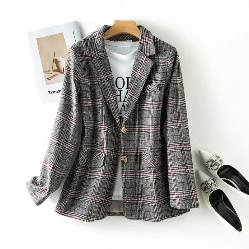 New 2023 Autumn Vintage Single Breasted Office Plaid Blazer Ladies Long Sleeve Korean Loose Suit Jacket Women Blazers Female